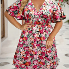  Floral Print V Neck Knee Length Dress