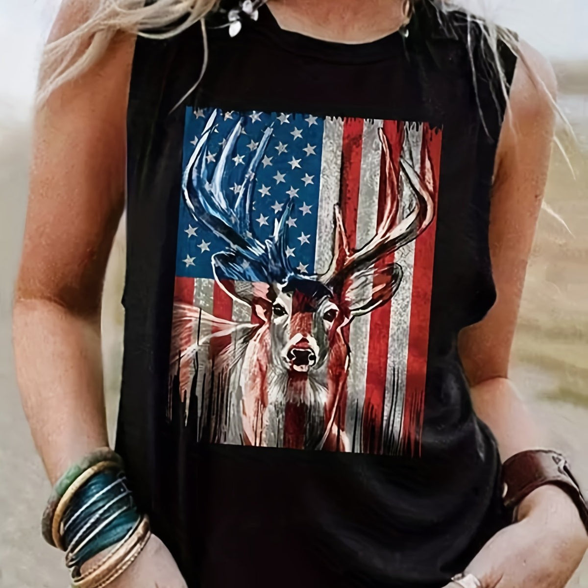  Independence Casual Tank Top Women's Plus Flag & Deer Print