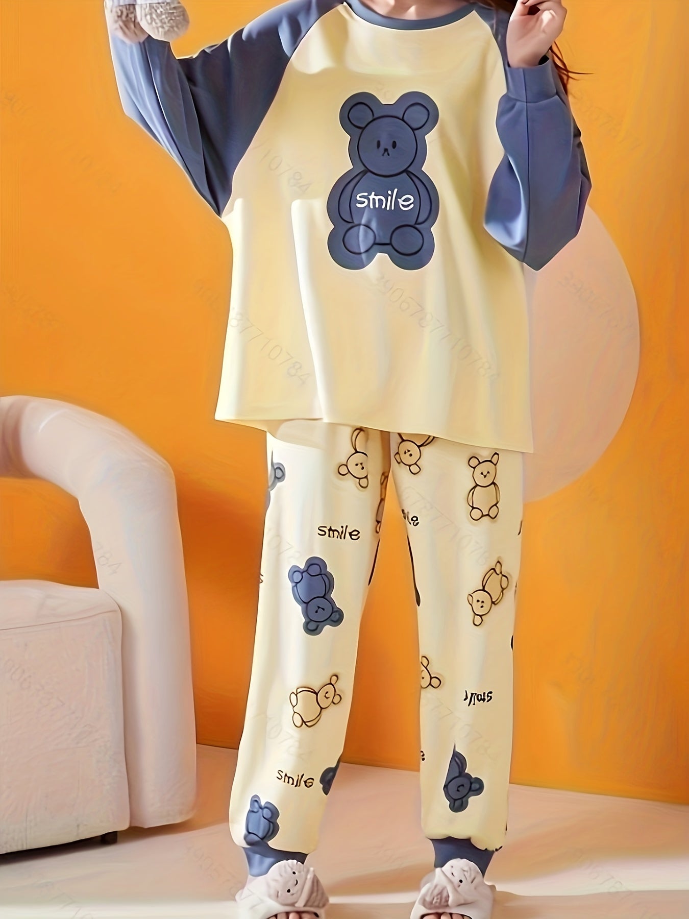 Bear Print Pajama Set Long Sleeve Top & Pants Women's Sleepwear