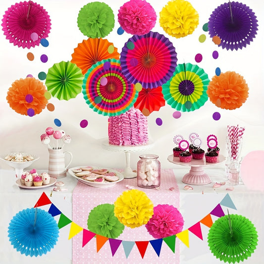 21pcs Multicolored Party Decoration Hanging Paper Fans Pom Poms Flowers Garland