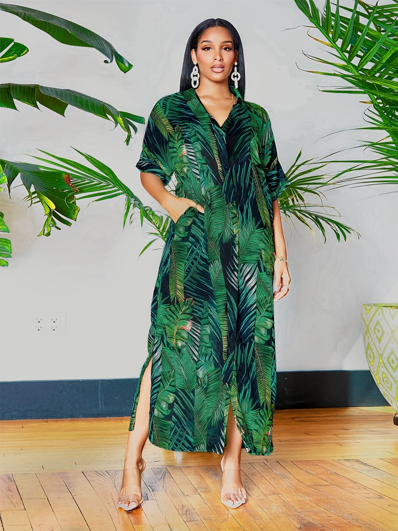 Tropical Print Polo Neck Button-Up Dress