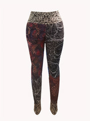  Colorblock Floral Print Leggings High Stretch Slimming Leggings