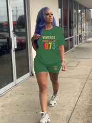 1973 Print Two-piece Set Crew Neck Tee & Slim Shorts Outfit Women's Clothing