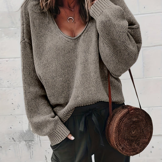  Casual Sweater Women's Plus Solid Long Sleeve V Neck Jumper