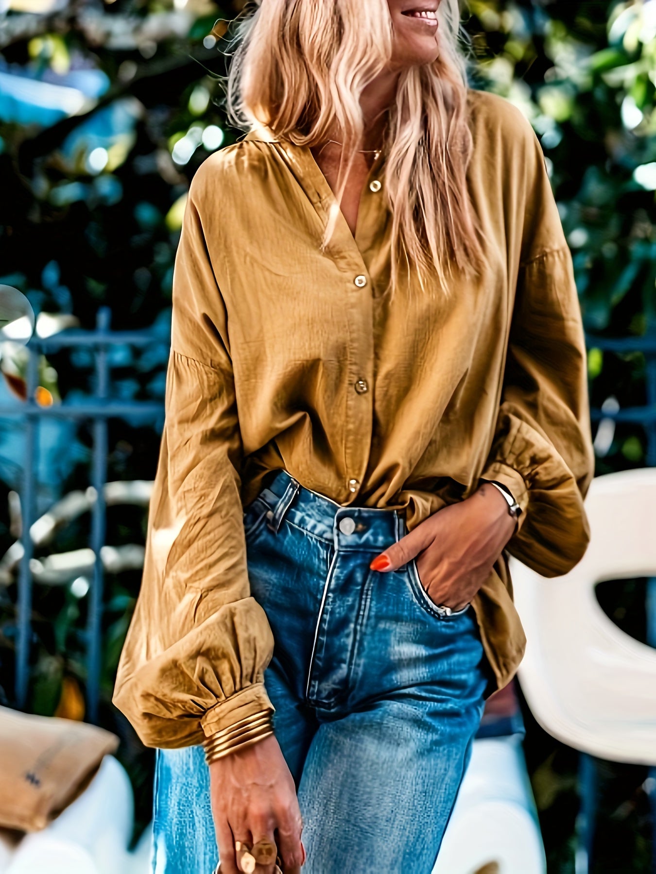  Solid Button Up Lantern Sleeve V Neck Blouse