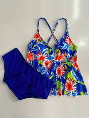 Plus Size Boho Tankini Set V Neck Criss Cross Cami Top & Panty Swimsuit