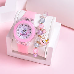Cartoon Moon Rabbit & Heart Cat LED Watches Set for Girls