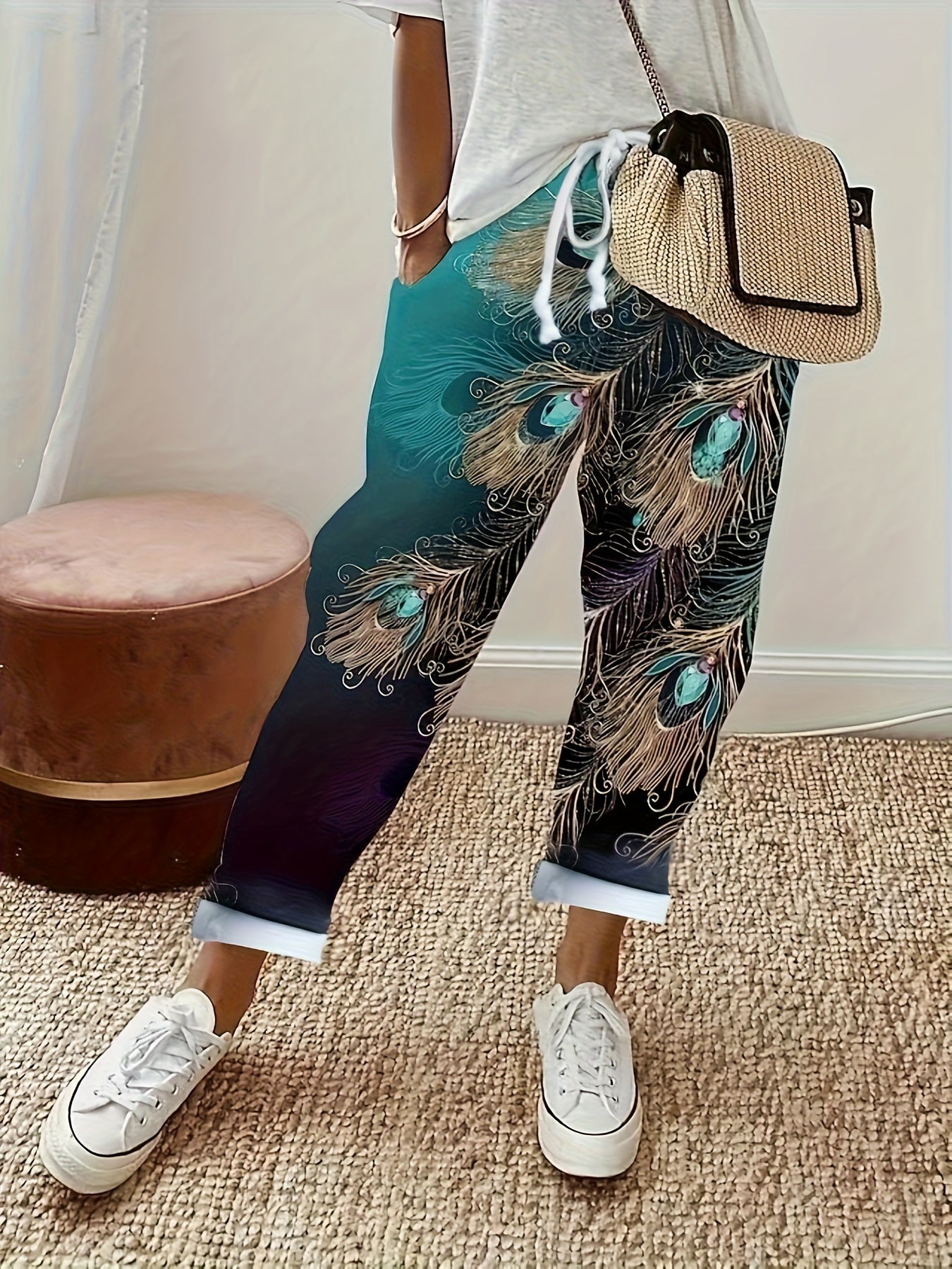  Peacock Print Drawstring Straight Leg Trousers