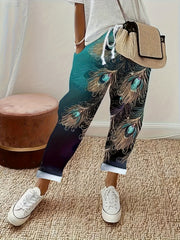  Peacock Print Drawstring Straight Leg Trousers