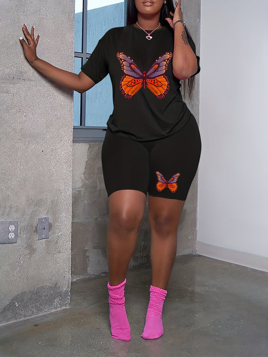 Women's Plus Butterfly Print Tee & Shorts Set - Casual 2 Piece Outfit