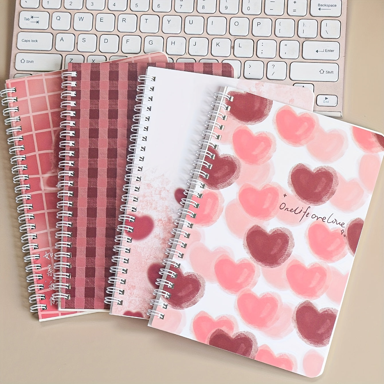 4pcs Floral Alphabet Notebooks Pink Burgundy Hearts Grid Pattern Teens Adults