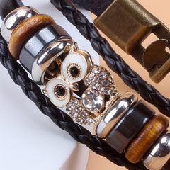 Vintage Owl PU Leather Bracelet with Zircon
