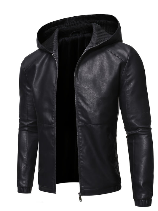 Men's PU Hooded Jacket Zip Up Faux Leather Jacket