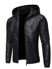 Men's PU Hooded Jacket Zip Up Faux Leather Jacket