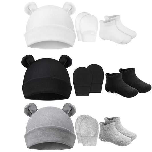3 Piece Baby Outfit Set Ears Hat Mittens Non Slip Socks Soft Cotton Material
