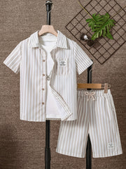 2pcs Boys Casual Stripe Shirt & Shorts Set Summer Kids Clothing