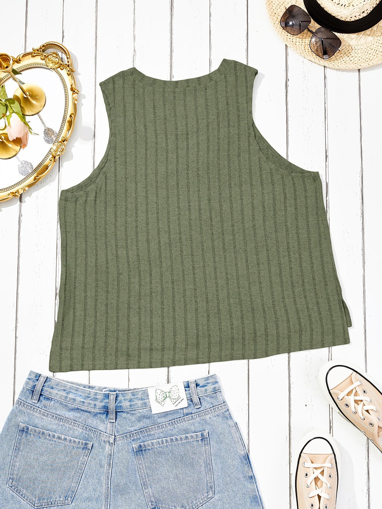  Ribbed Tank Top Solid Color Round Neck Summer Sleeveless Tee