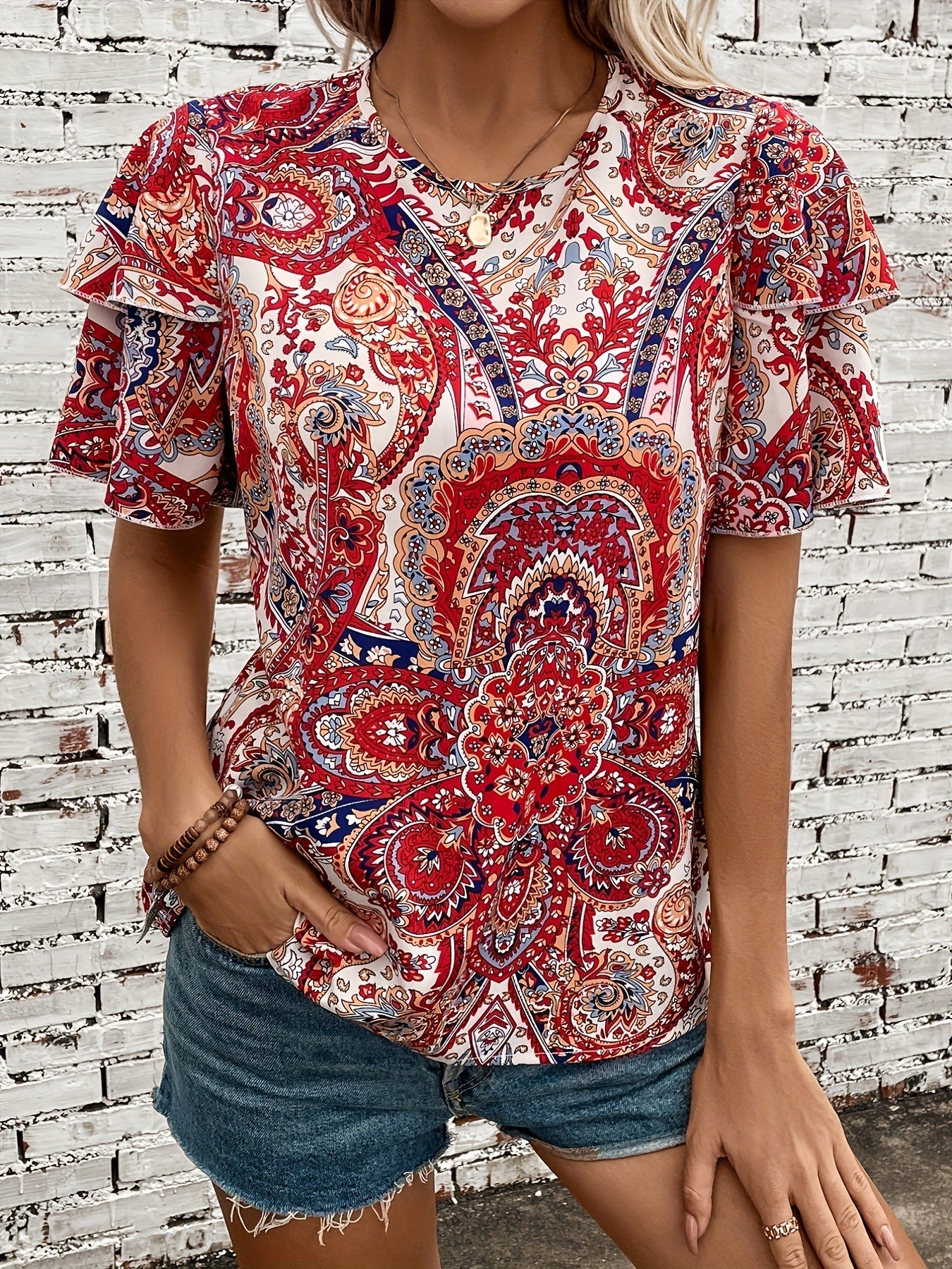  Boho Blouse Women's Plus Floral Print Layered Butterfly Sleeve Top