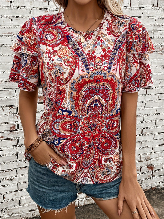  Boho Blouse Women's Plus Floral Print Layered Butterfly Sleeve Top