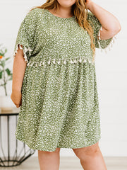  Leopard Print Fringe Trim Midi Dress