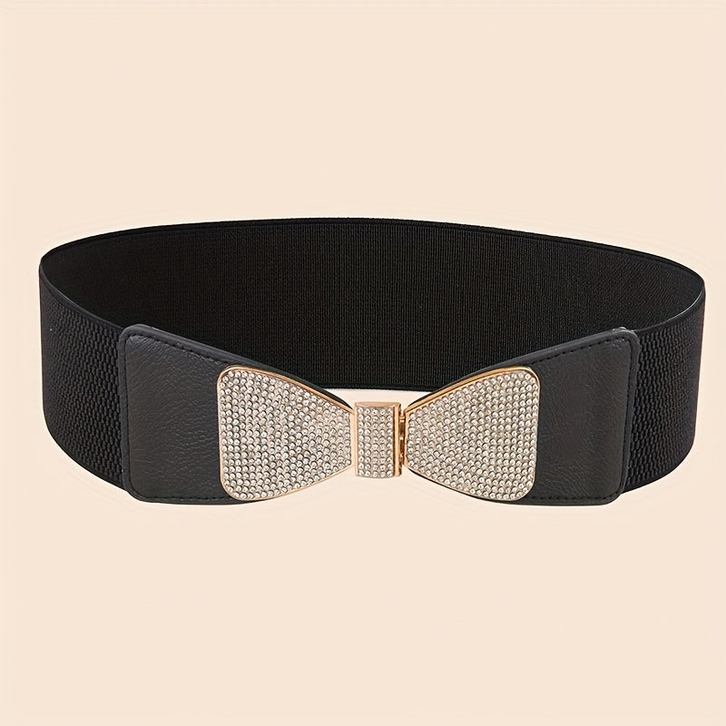Rhinestone Bow Buckle Belt Wide PU Elastic Waistband