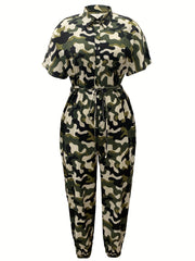  Camo Print Button Up Jumpsuit with Belt