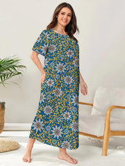 Boho Loungewear Dress Plus Size Floral Print Short Sleeve Round Neck