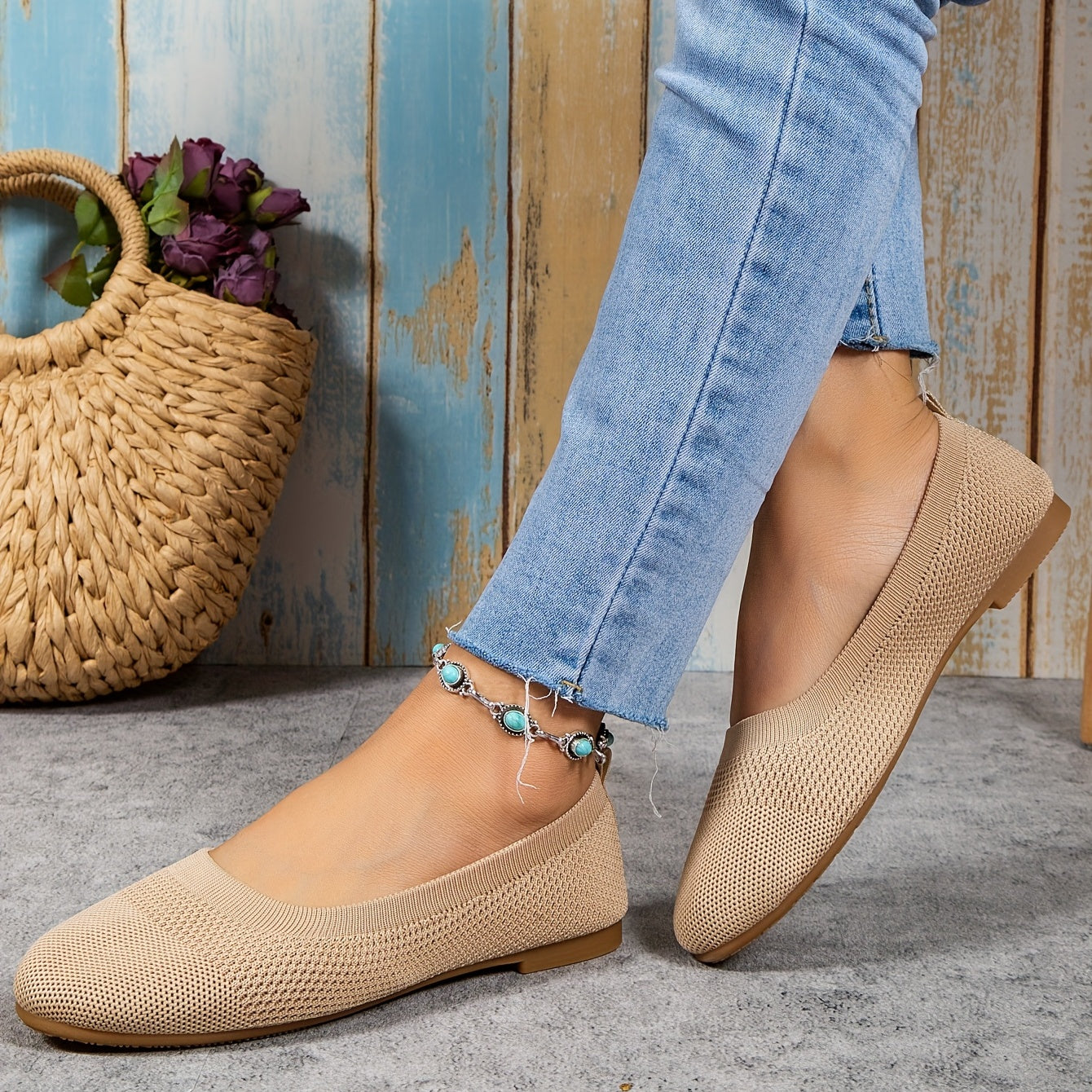 Women's Knitted Flat Shoes Soft Sole Slip On Casual Walking Flats
