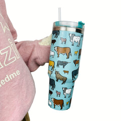 Cow Pattern 40 OZ Tumbler With Handle Stainless Steel Water Cup