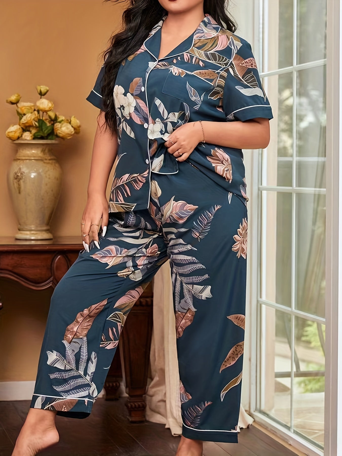  Floral Print Blouse & Pants Lounge Set
