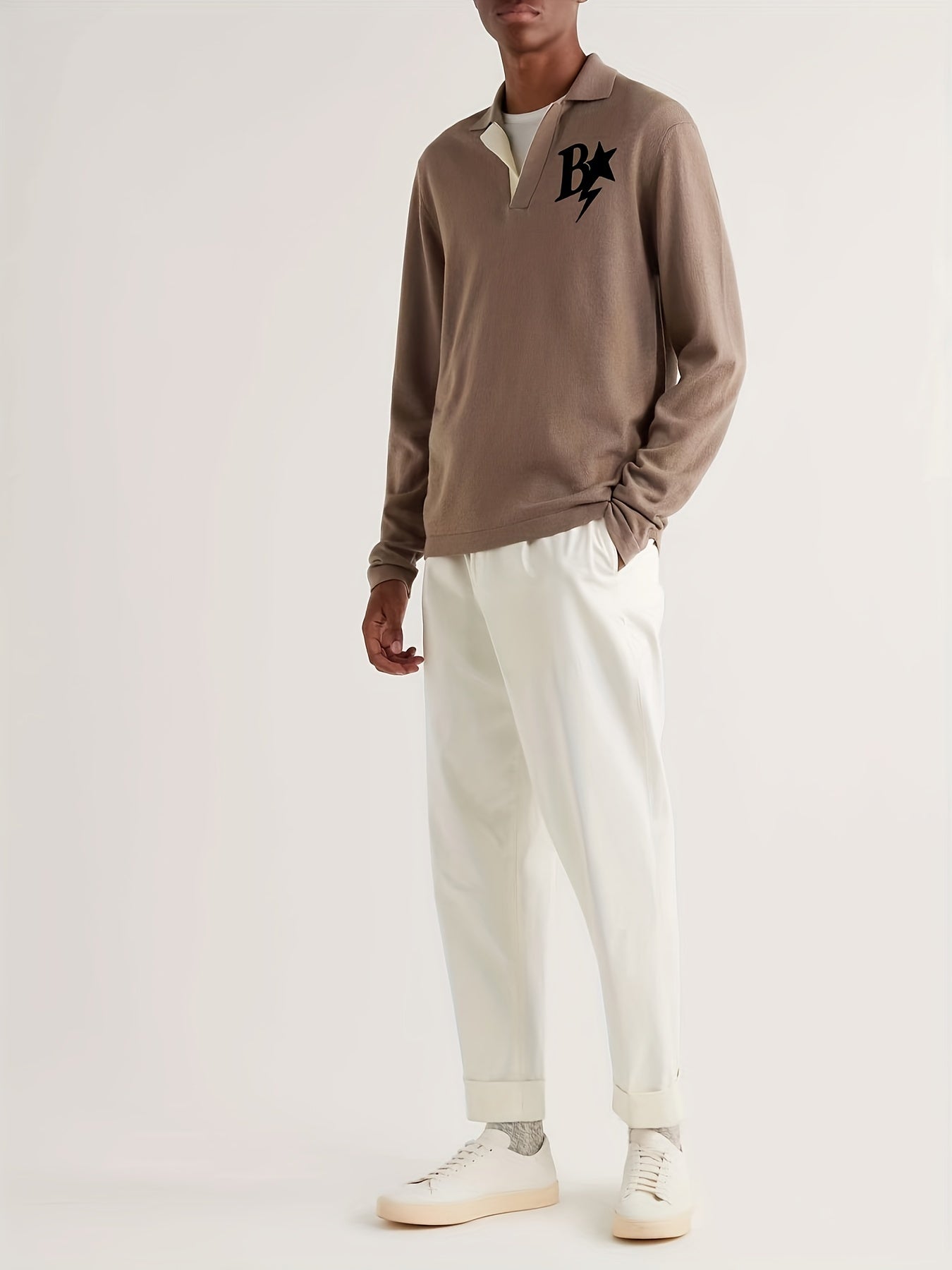 Letter & Star Pattern V Neck Sweater Men's Casual Warm Pullover