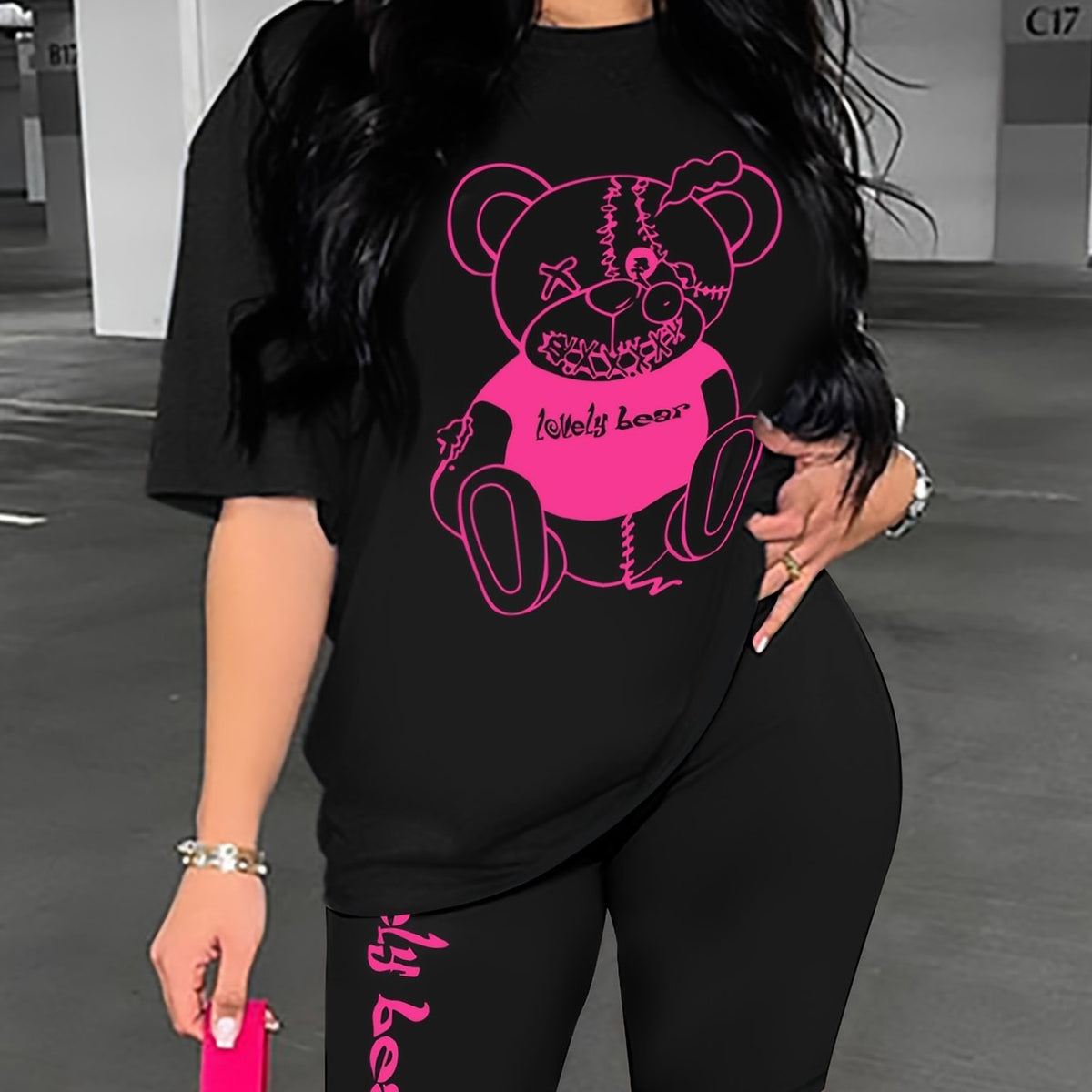 Teddy Bear Print Two piece Set Short Sleeve Casual Top & Shorts