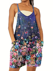 Floral Print Plus Size Casual Cami Romper with Pockets