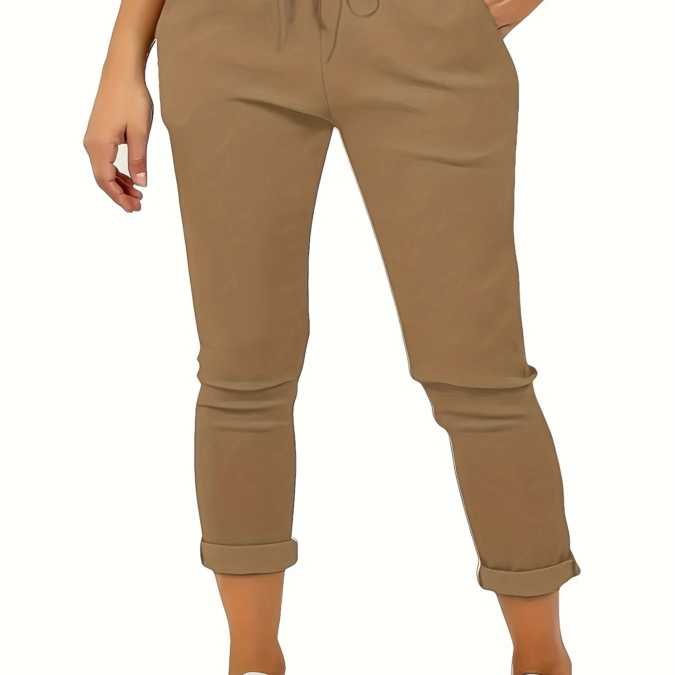  Solid Drawstring Tapered Leg Trousers