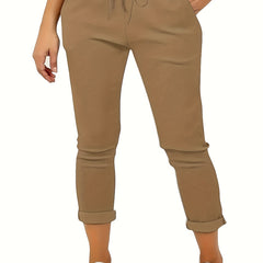  Solid Drawstring Tapered Leg Trousers
