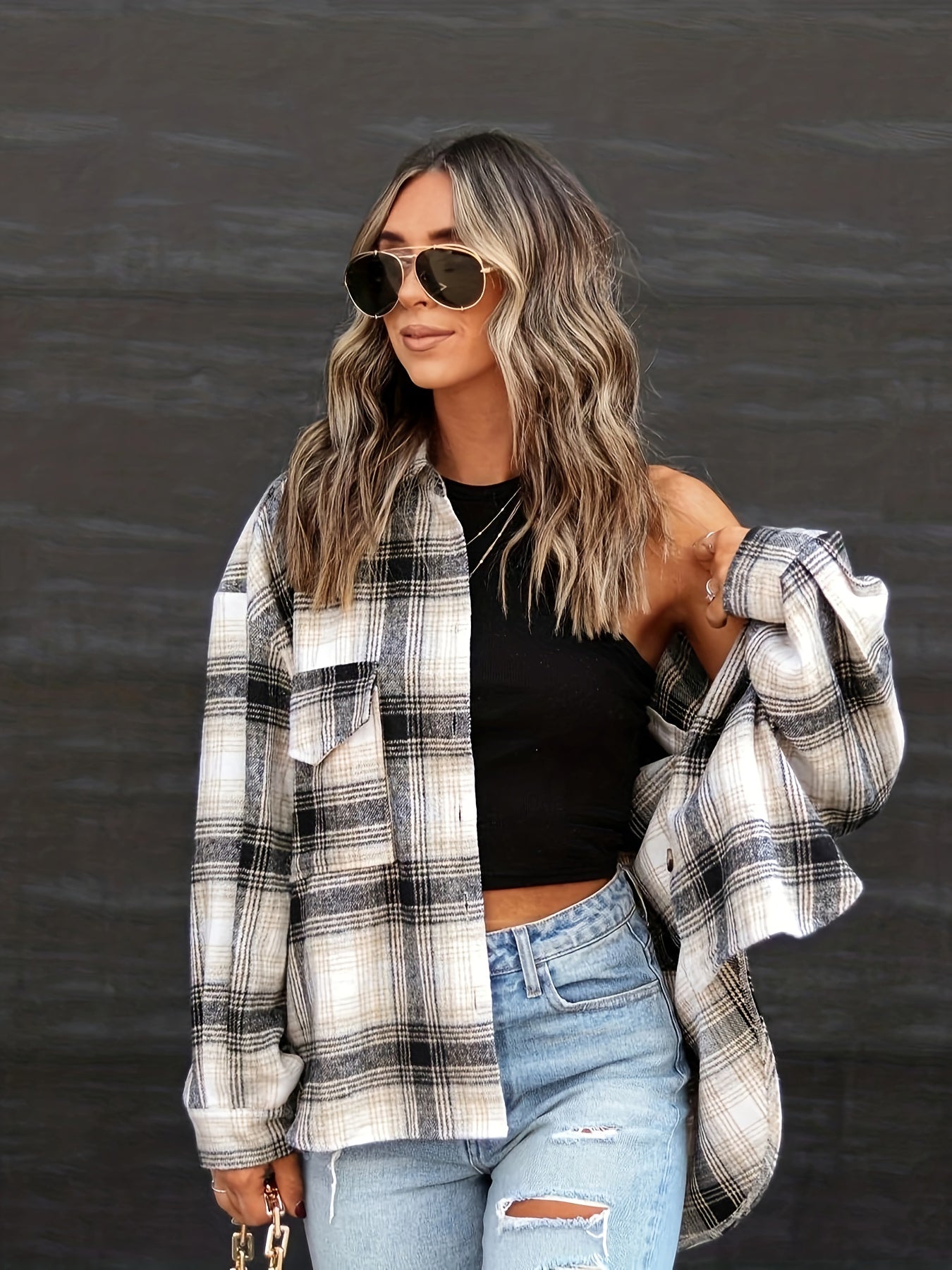 Plaid Button Down Jacket Lapel Long Sleeve