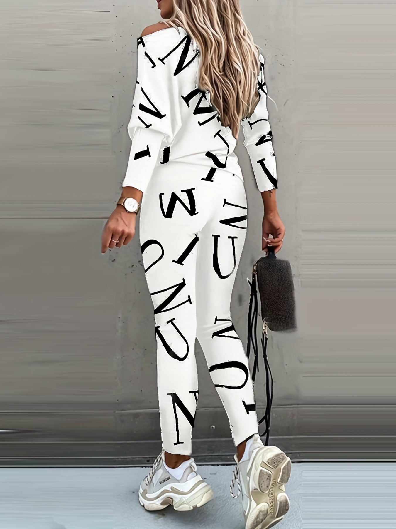 Casual Letter Print Two piece Set Crew Neck Long Sleeve Tops & Slim Pants