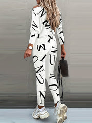 Casual Letter Print Two piece Set Crew Neck Long Sleeve Tops & Slim Pants