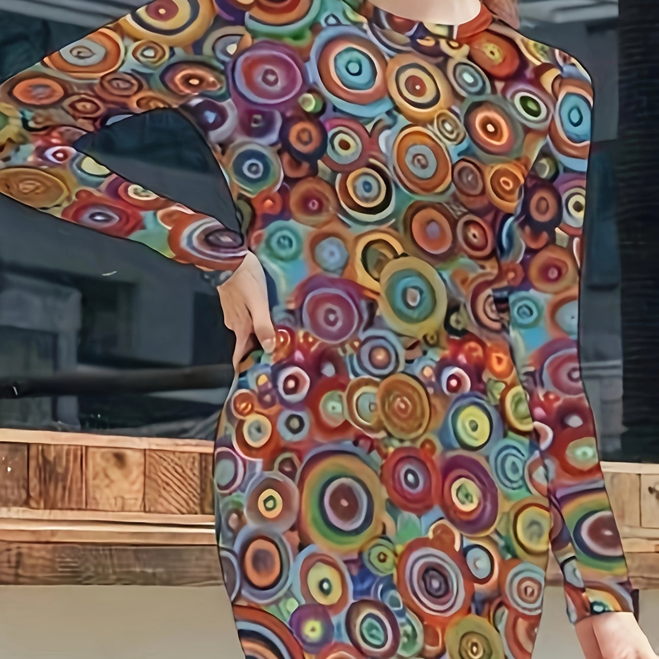 Women's Plus Allover Print Long Sleeve Round Neck Mini Slim Fit Dress