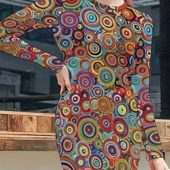 Women's Plus Allover Print Long Sleeve Round Neck Mini Slim Fit Dress
