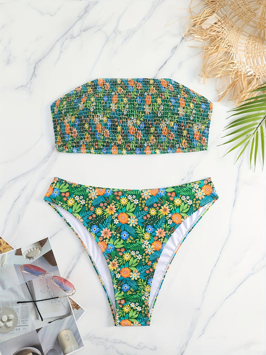  Boho Bikini Set Floral Print Tube Bra & High Waisted Panty Swimsuit