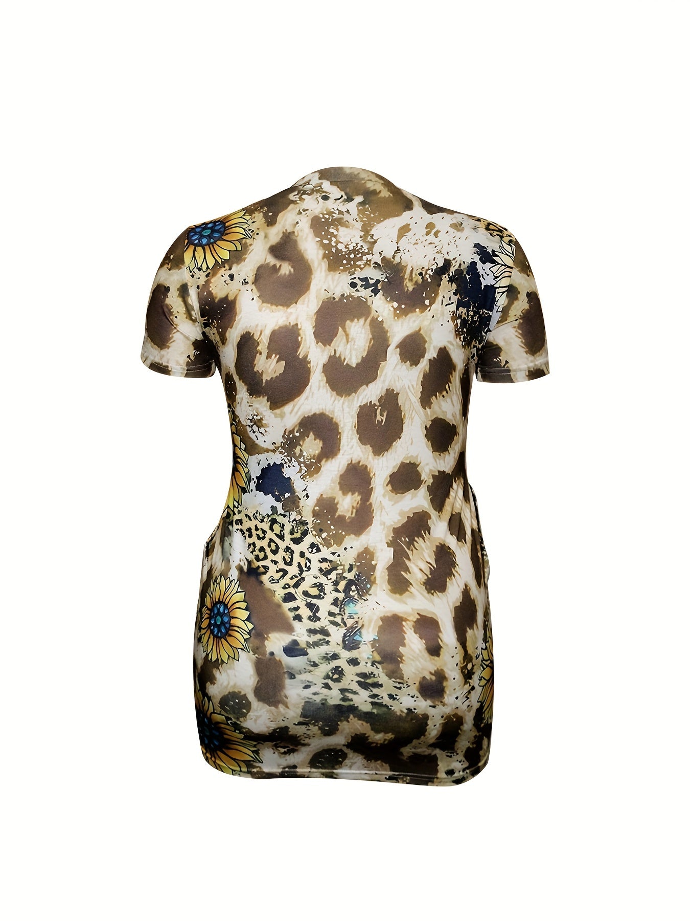  Colorblock Leopard Print V Neck Stretch Dress With Pockets