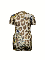  Colorblock Leopard Print V Neck Stretch Dress With Pockets