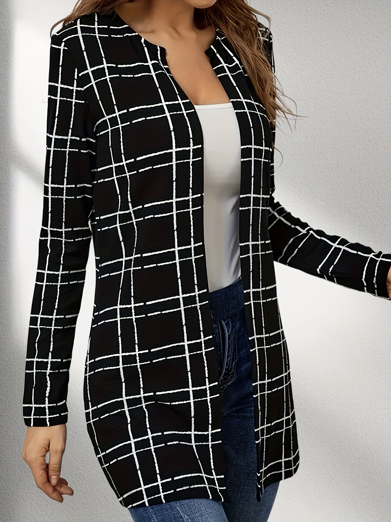 Windowpane Long Length Jacket Casual Open Front