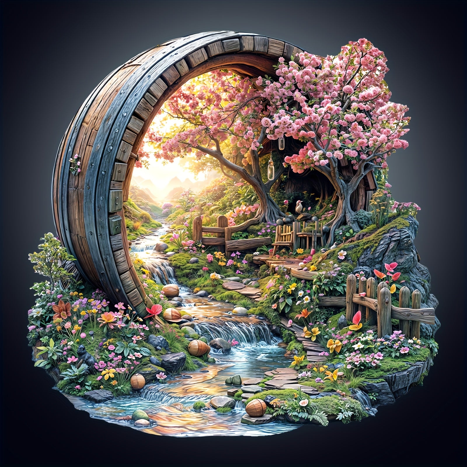 Artistic Wooden Jigsaw Puzzle Enchanted Forest Scene with Waterfall & Flowers