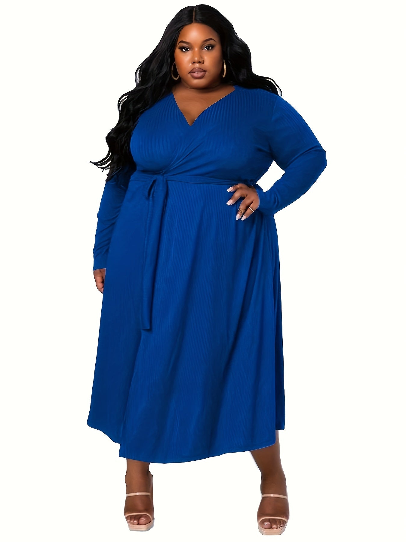 Plus Size Solid Ribbed Long Sleeve Maxi Dress With Belt
