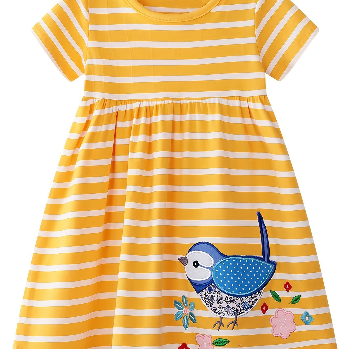 Girls Bird & Floral Embroidered Round Neck Summer Dress