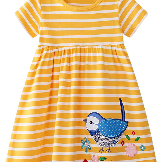 Girls Bird & Floral Embroidered Round Neck Summer Dress