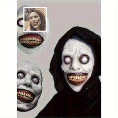 Creepy Smile Demon Halloween Mask with Red Stitched Eyes & Mouth