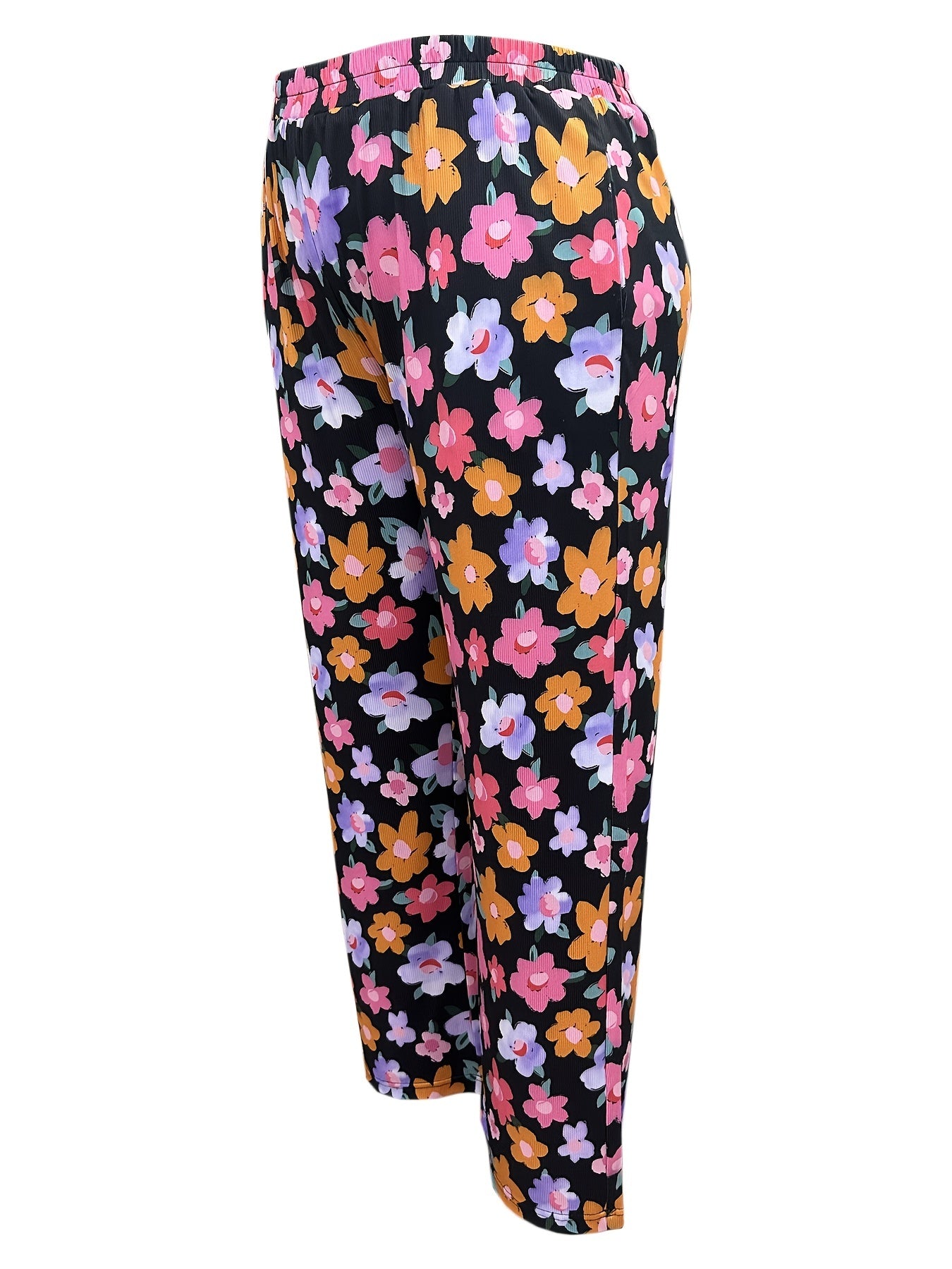 Women's Plus Floral Ribbed Wide Leg Pants